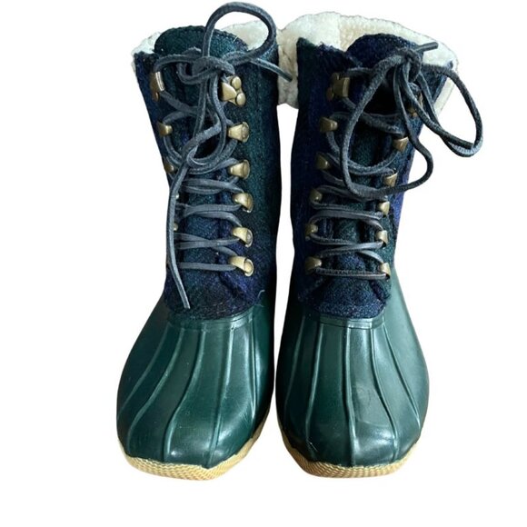 J. Crew x Sperry Topsider Plaid Sheerwater Wool Rubber Duck Boots Sz 7 Preppy - Picture 2 of 10
